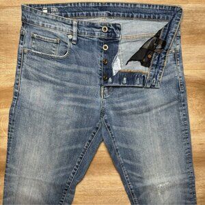 G Star Raw Jeans Men 32x32 Blue 3301 Straight Leg Distress Washout Biker Repair